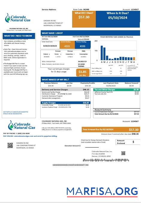 Downloadable USA Colorado Natural Gas business utility bill template in Word and PDF formats